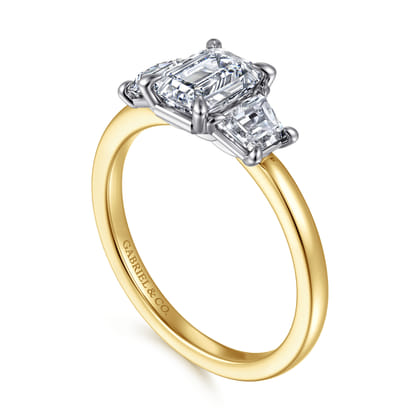 Thalina - 14K White-Yellow Gold Emerald Cut Three Stone Diamond Engagement Ring