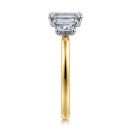 Thalina - 14K White-Yellow Gold Emerald Cut Three Stone Diamond Engagement Ring