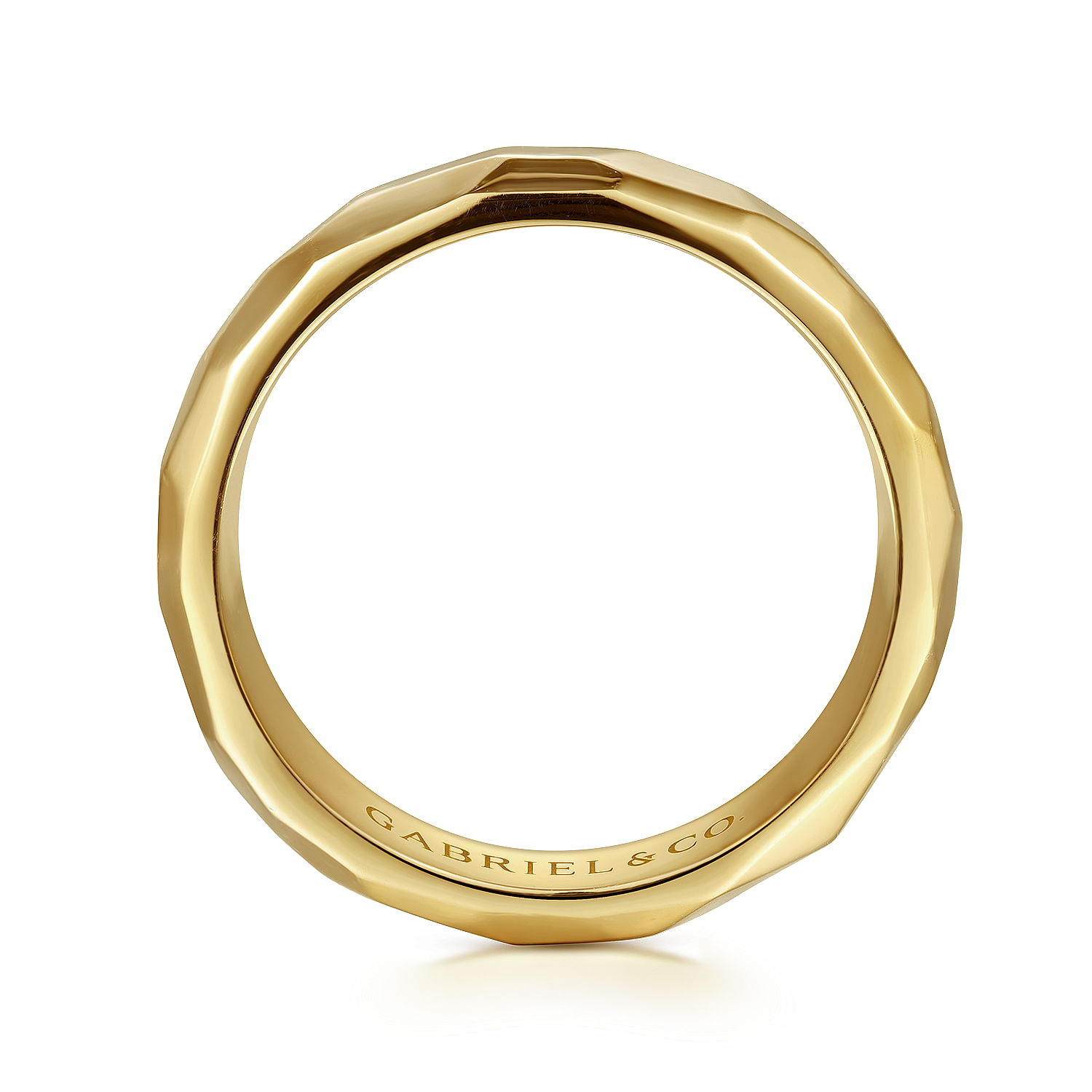 Theo - 14K Yellow Gold 7mm - Hammered Men's Wedding Band in High Polished Finish - Shot 2