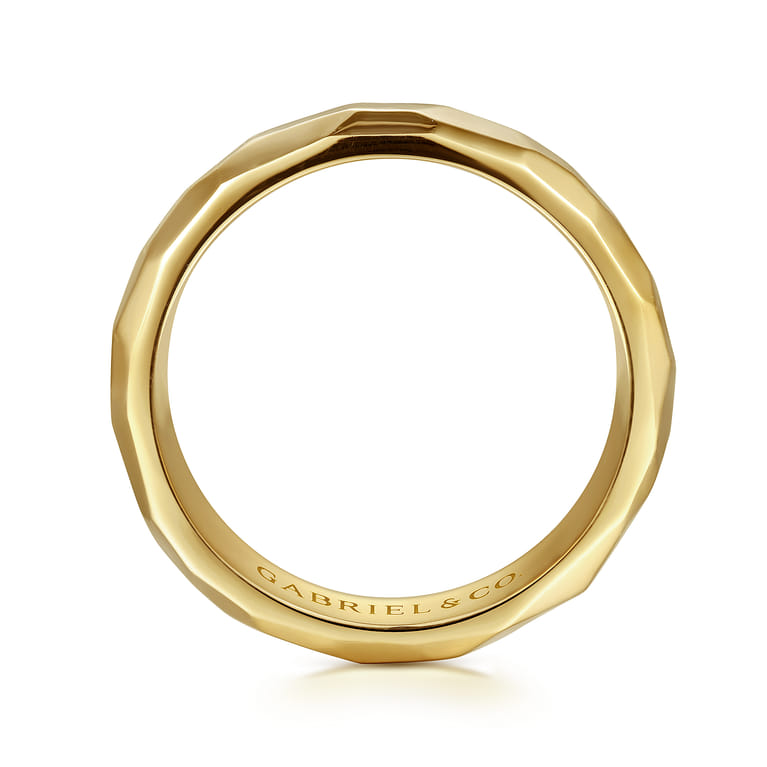 Theo - 14K Yellow Gold 7mm - Hammered Men's Wedding Band in High Polished Finish - Shot 2