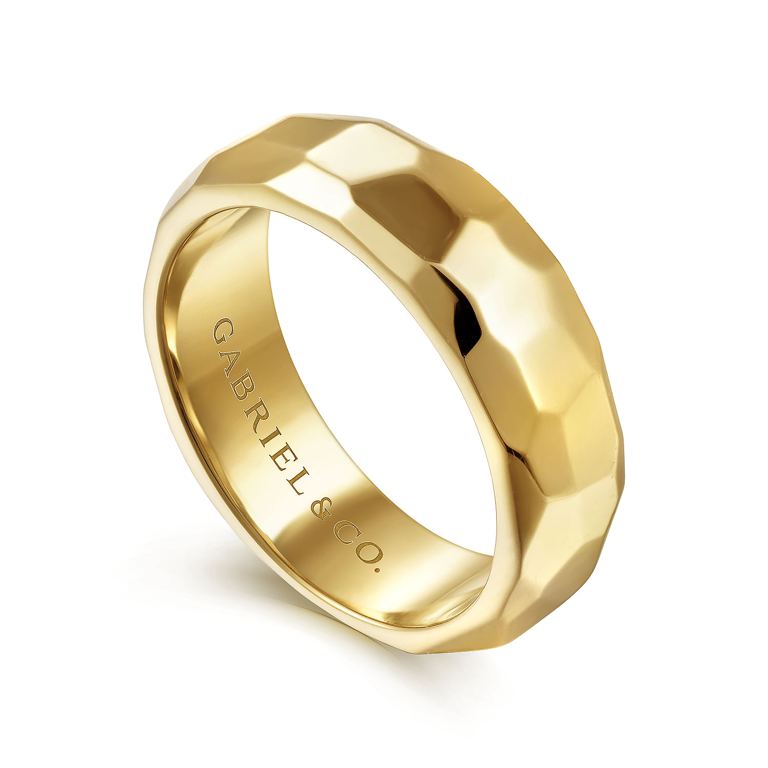 Theo - 14K Yellow Gold 7mm - Hammered Men's Wedding Band in High Polished Finish - Shot 3