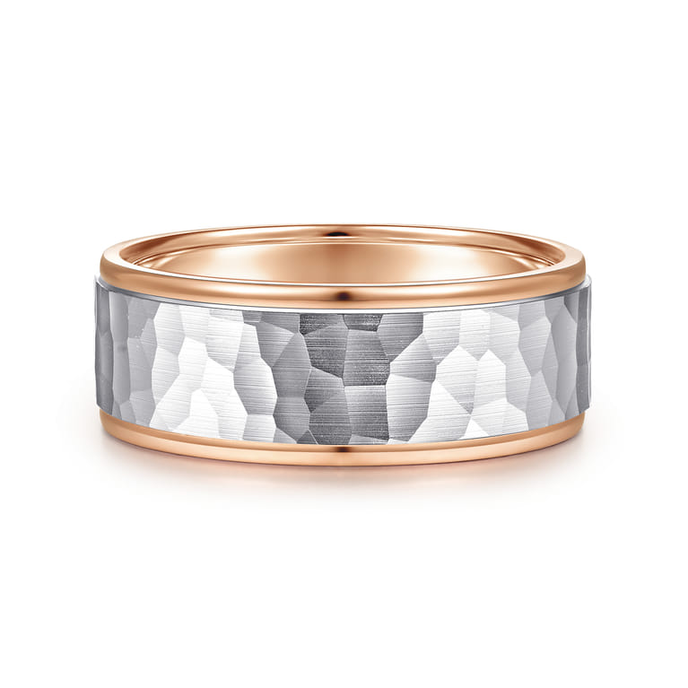 Thomas - 14K White-Rose Gold 8mm - Hammered Men's Wedding Band - Shot 1