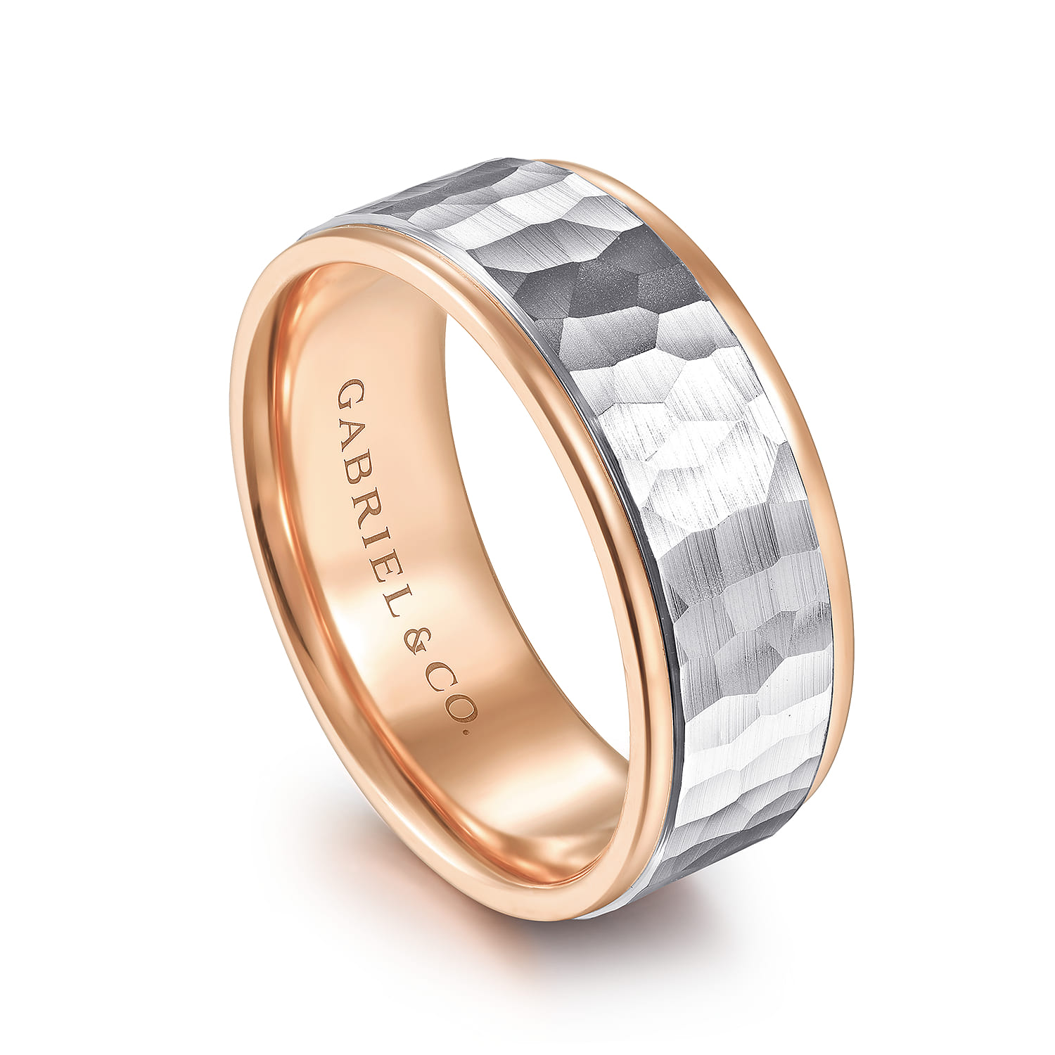 Thomas - 14K White-Rose Gold 8mm - Hammered Men's Wedding Band - Shot 3