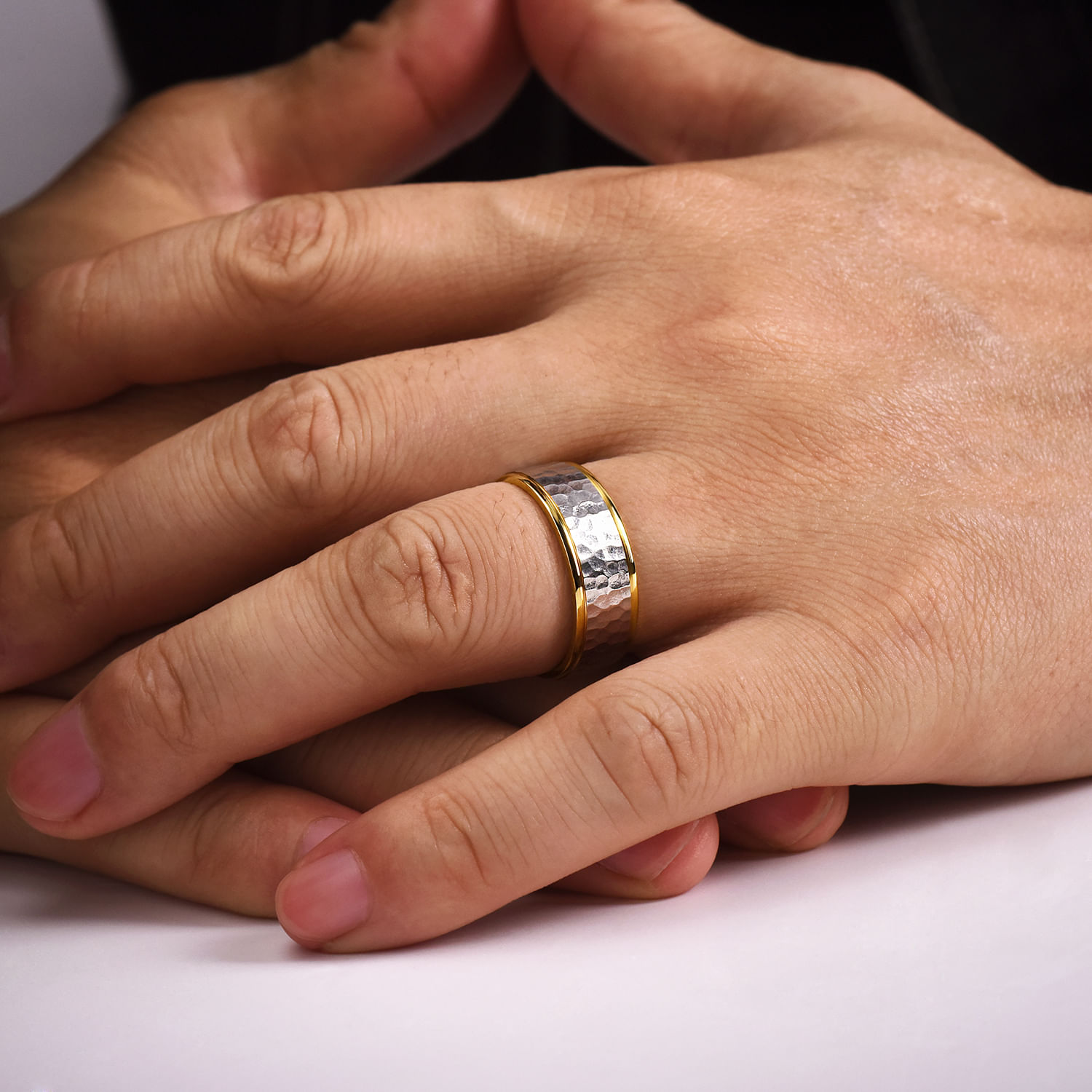 Thomas - 14K White-Yellow Gold 8mm - Hammered Men's Wedding Band - Shot 5