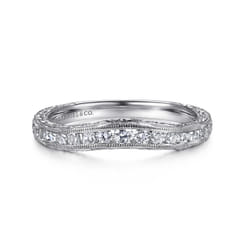 Tienne - Vintage Inspired 14K White Gold Curved Channel Set Diamond Wedding Band with Engraving