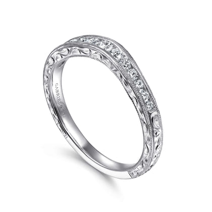 Tienne - Vintage Inspired 14K White Gold Curved Channel Set Diamond Wedding Band with Engraving