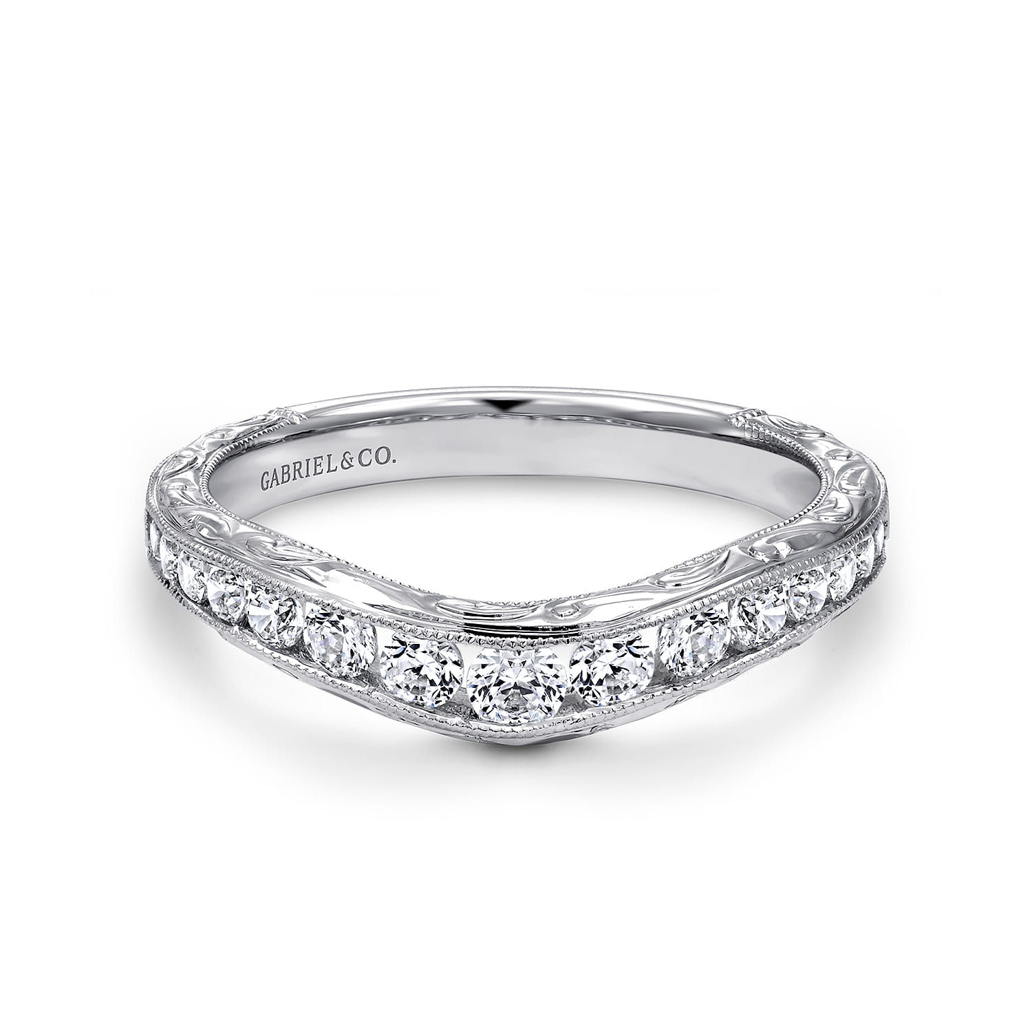 Curved Wedding Ring in 14k White Gold with Round Natural Diamond at Gabriel & Co. - Shot 1