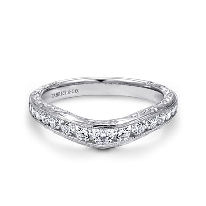Tienne - Vintage Inspired 14K White Gold Micro Pave Curved and Channel Set Diamond Wedding Band with Engraving