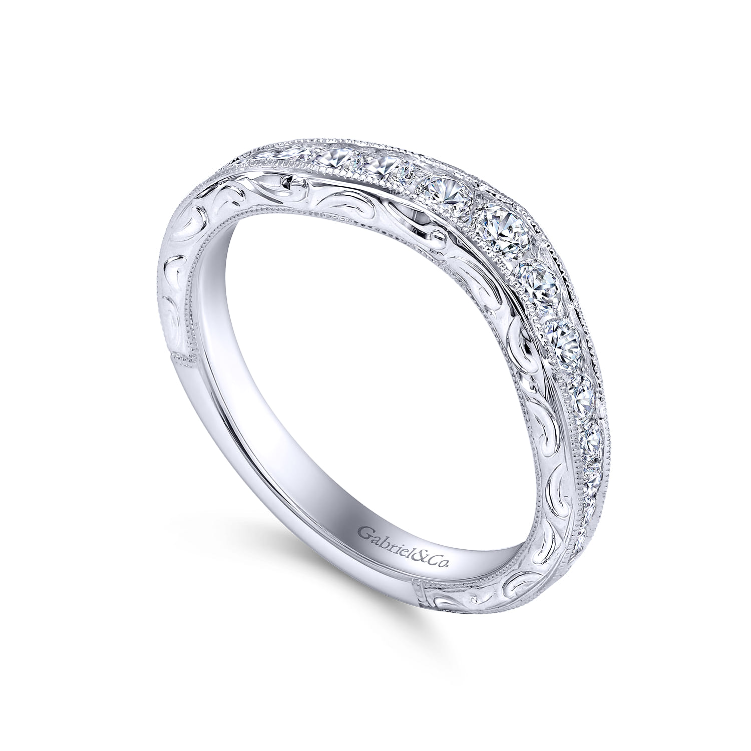 Curved Wedding Ring in 14k White Gold with Round Natural Diamond at Gabriel & Co. - Shot 3