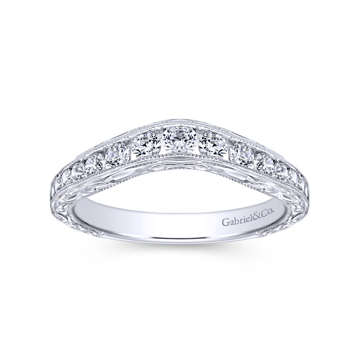 Curved Wedding Ring in 14k White Gold with Round Natural Diamond at Gabriel & Co. - Shot 4