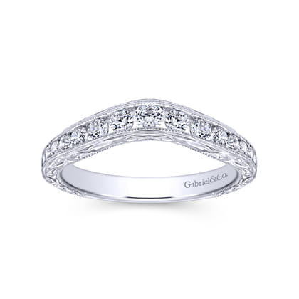Tienne - Vintage Inspired 14K White Gold Micro Pave Curved and Channel Set Diamond Wedding Band with Engraving