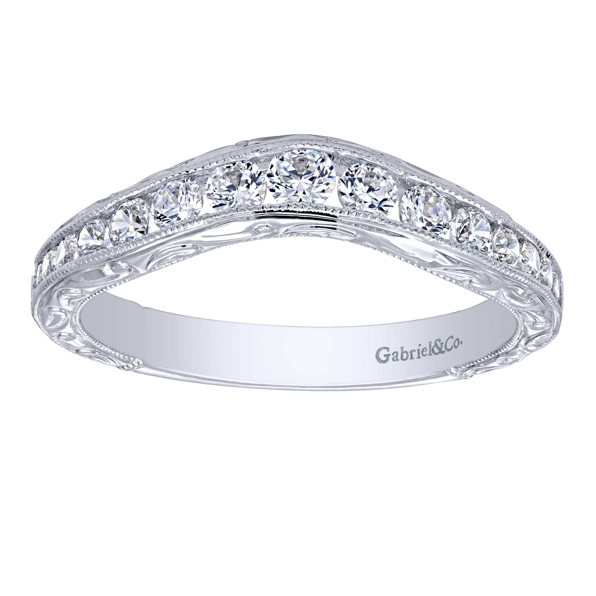 Curved Wedding Ring in 14k White Gold with Round Natural Diamond at Gabriel & Co. - Shot 5
