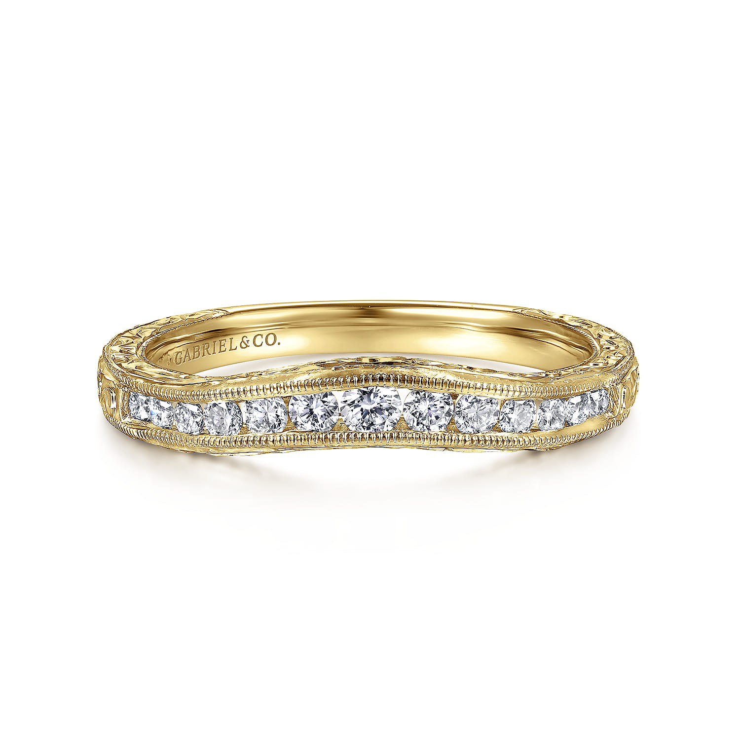 Curved Wedding Ring in 14k Yellow Gold with Round Natural Diamond at Gabriel & Co. - Shot 1