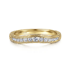 Tienne - Vintage Inspired 14K Yellow Gold Curved Channel Set Diamond Wedding Band with Engraving