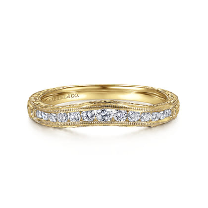Tienne - Vintage Inspired 14K Yellow Gold Curved Channel Set Diamond Wedding Band with Engraving