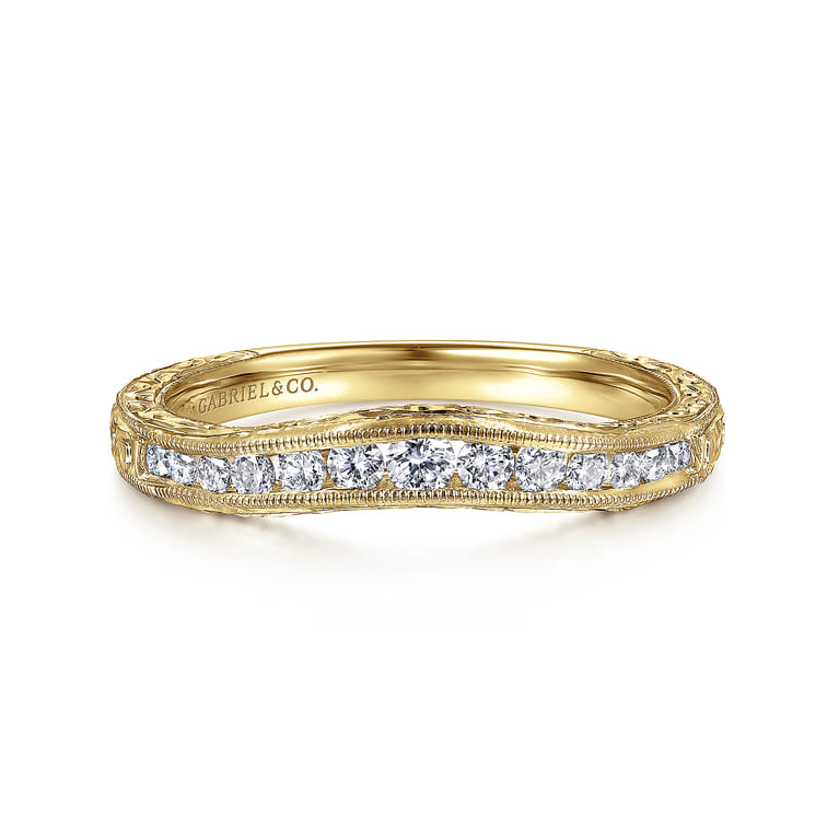 Curved Wedding Ring in 14k Yellow Gold with Round Natural Diamond at Gabriel & Co. - Shot 1
