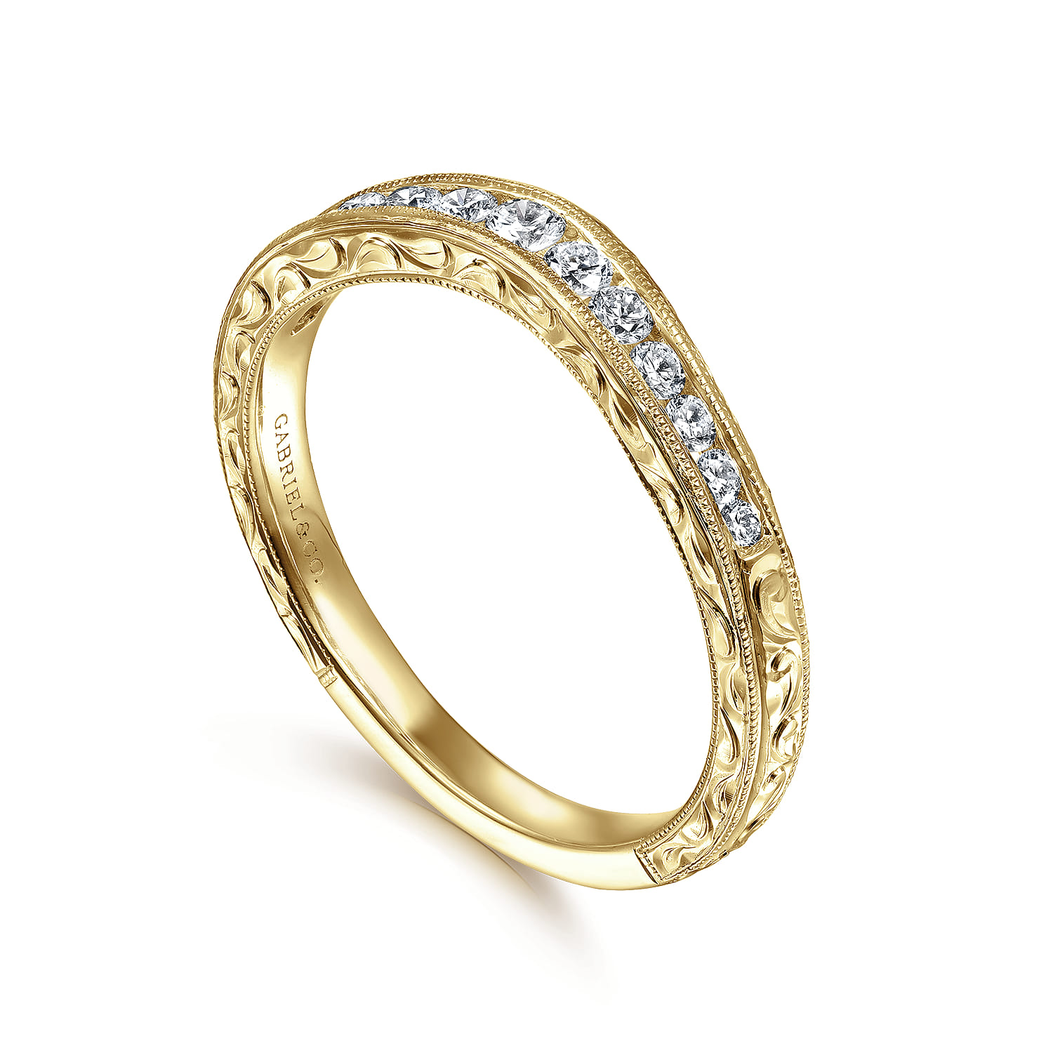 Curved Wedding Ring in 14k Yellow Gold with Round Natural Diamond at Gabriel & Co. - Shot 3