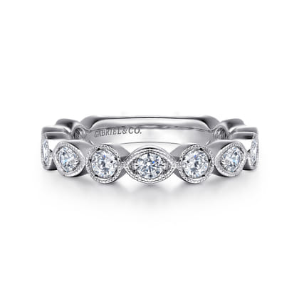 Toronto - Vintage Inspired 14K White Gold Marquise and Round Station Diamond Anniversary Band