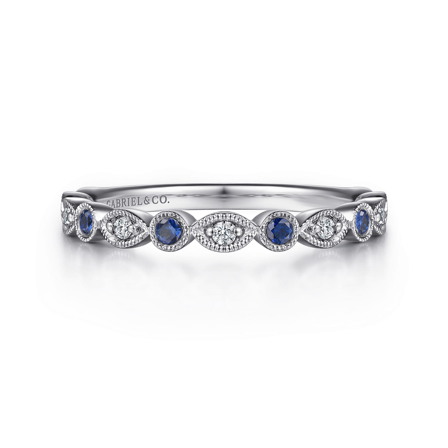Straight Wedding Ring in 14k White Gold with Round Sapphire at Gabriel & Co. - Shot 1