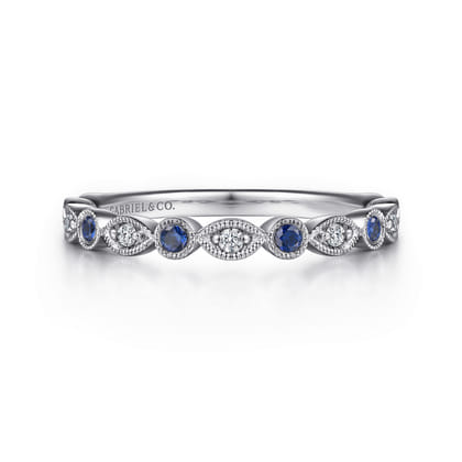 Toronto - Vintage Inspired 14K White Gold Marquise and Round Station Diamond and Sapphire Anniversary Band