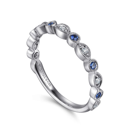 Toronto - Vintage Inspired 14K White Gold Marquise and Round Station Diamond and Sapphire Anniversary Band