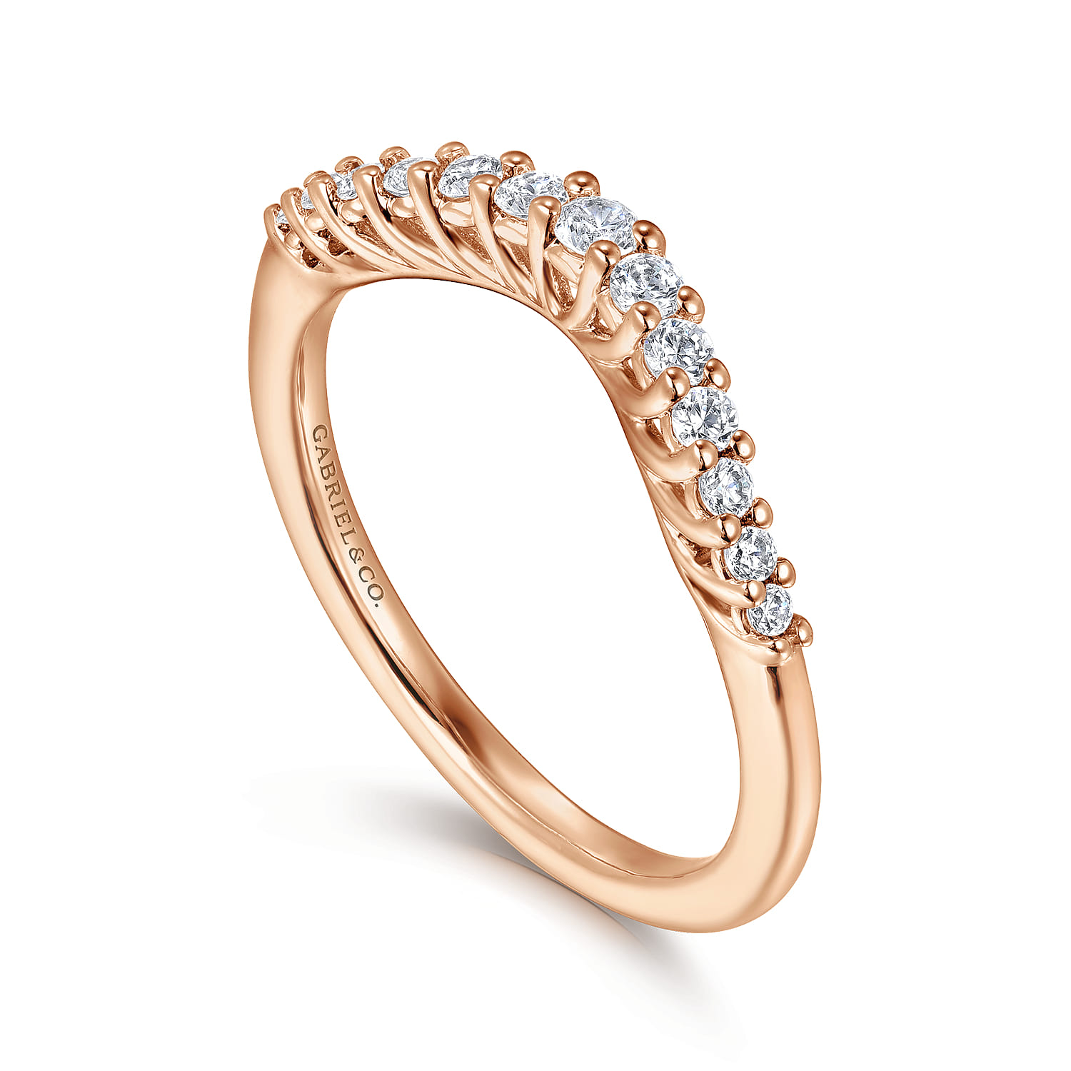 Curved Wedding Ring in 14k Rose Gold with Round  at Gabriel & Co. - Shot 3