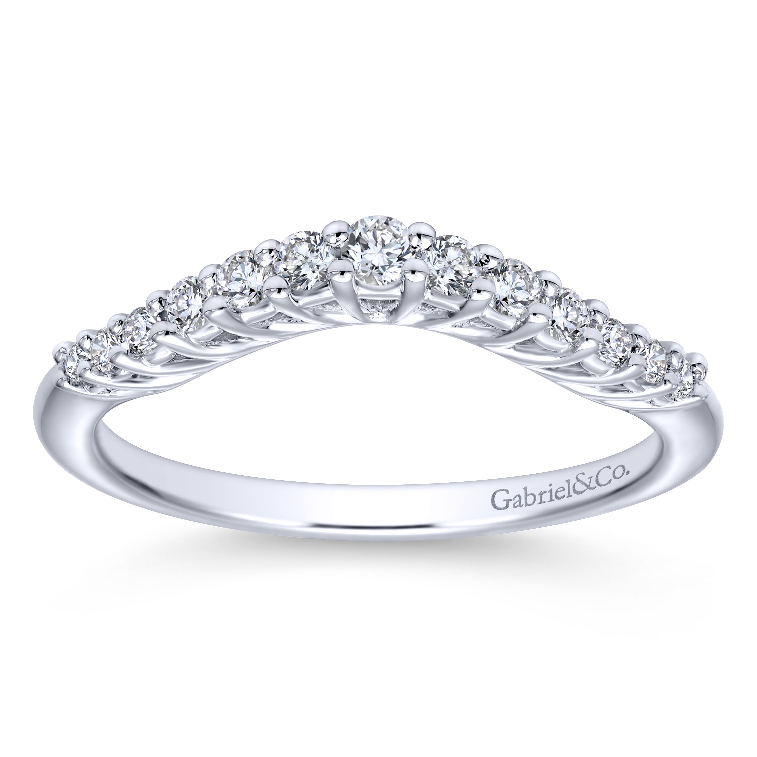 Curved Wedding Ring in 14k White Gold with Round  at Gabriel & Co. - Shot 5