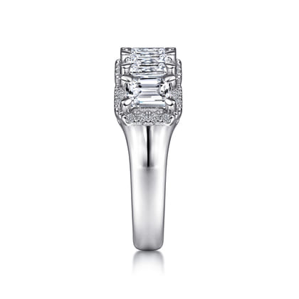 Troy - 14K White Gold Emerald Cut and Round Diamond Halo Station Anniversary Band