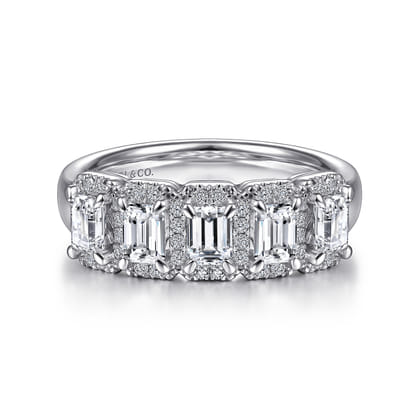 Troy - 14K White Gold Emerald Cut and Round Diamond Halo Station Anniversary Band