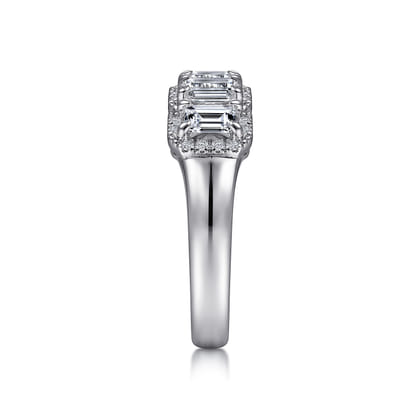 Troy - 14K White Gold Emerald Cut and Round Diamond Halo Station Anniversary Band