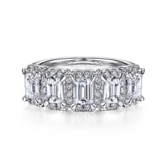 Troy - 14K White Gold Emerald Cut and Round Diamond Halo Station Anniversary Band