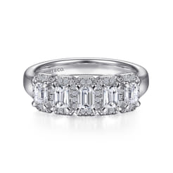 Troy - 14K White Gold Emerald Cut and Round Diamond Halo Station Anniversary Band