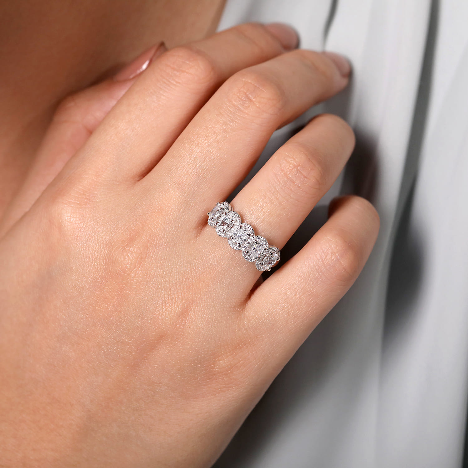 Fancy Wedding Ring in 14k White Gold with Oval Natural Diamond at Gabriel & Co. - Shot 5