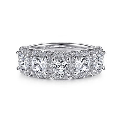 Troy - 14K White Gold Radiant Cut and Round Diamond Halo Station Anniversary Band