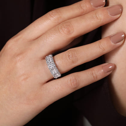 Troy - 14K White Gold Radiant Cut and Round Diamond Halo Station Anniversary Band