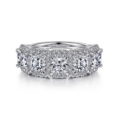 Troy - 14K White Gold Radiant Cut and Round Diamond Halo Station Anniversary Band