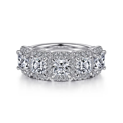 Troy - 14K White Gold Radiant Cut and Round Diamond Halo Station Anniversary Band