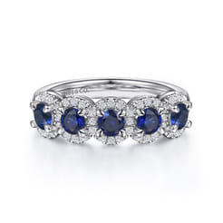 Troy - 14K White Gold Round Sapphire and Diamond Halo Station Anniversary Band
