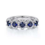Troy - 14K White Gold Round Sapphire and Diamond Halo Station Anniversary Band