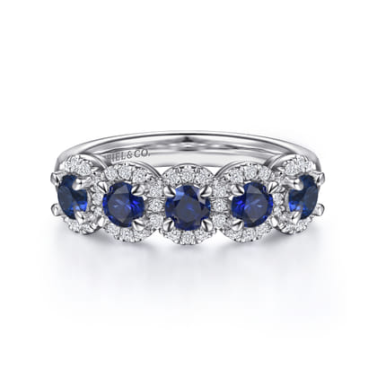 Troy - 14K White Gold Round Sapphire and Diamond Halo Station Anniversary Band