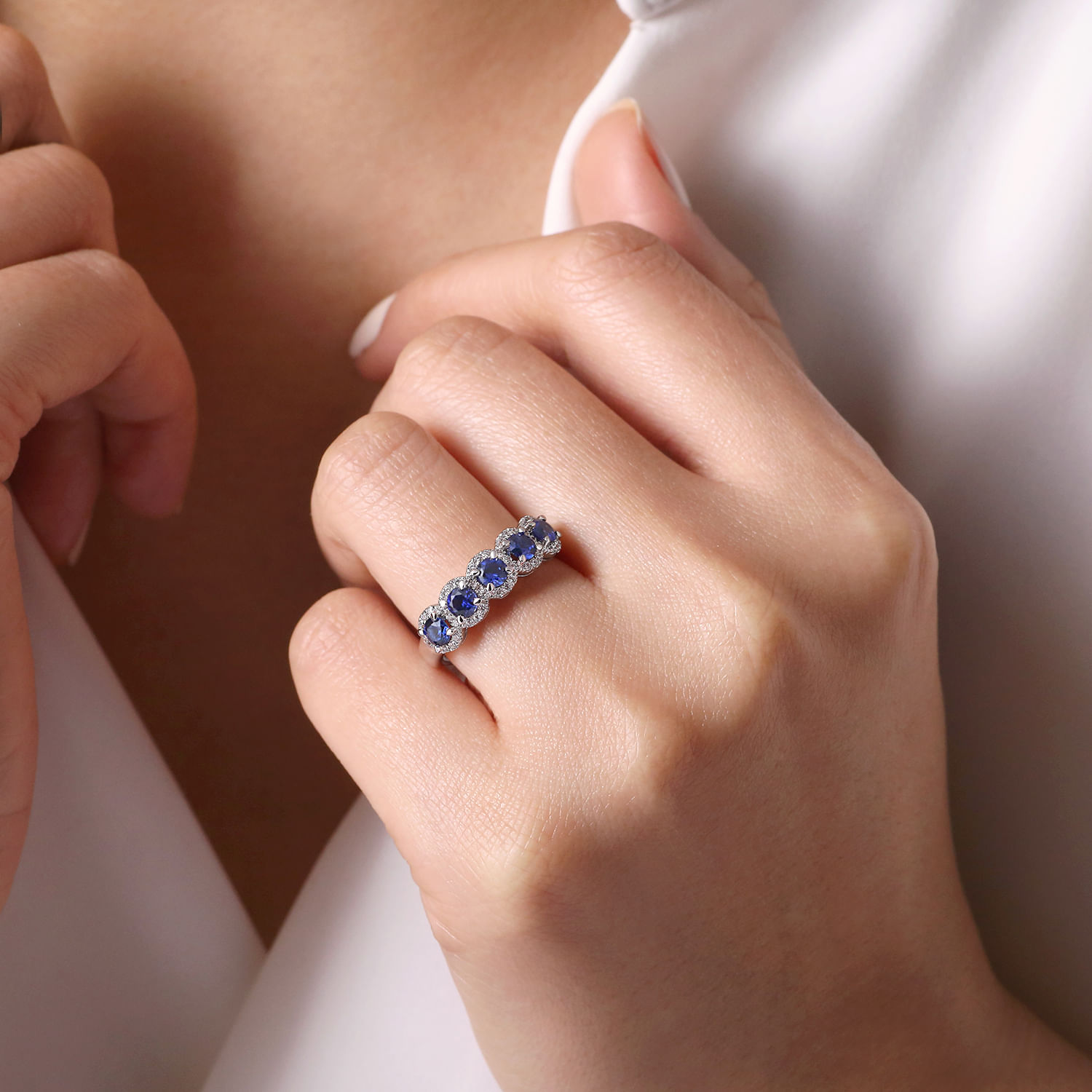 Troy - 14K White Gold Round Sapphire and Diamond Halo Station Anniversary Band