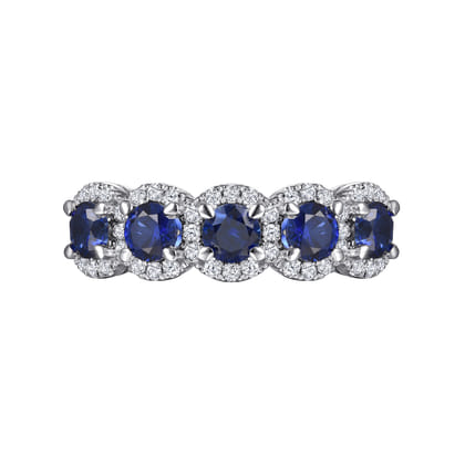 Troy - 14K White Gold Round Sapphire and Diamond Halo Station Anniversary Band
