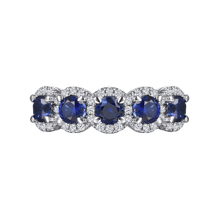 Troy - 14K White Gold Round Sapphire and Diamond Halo Station Anniversary Band