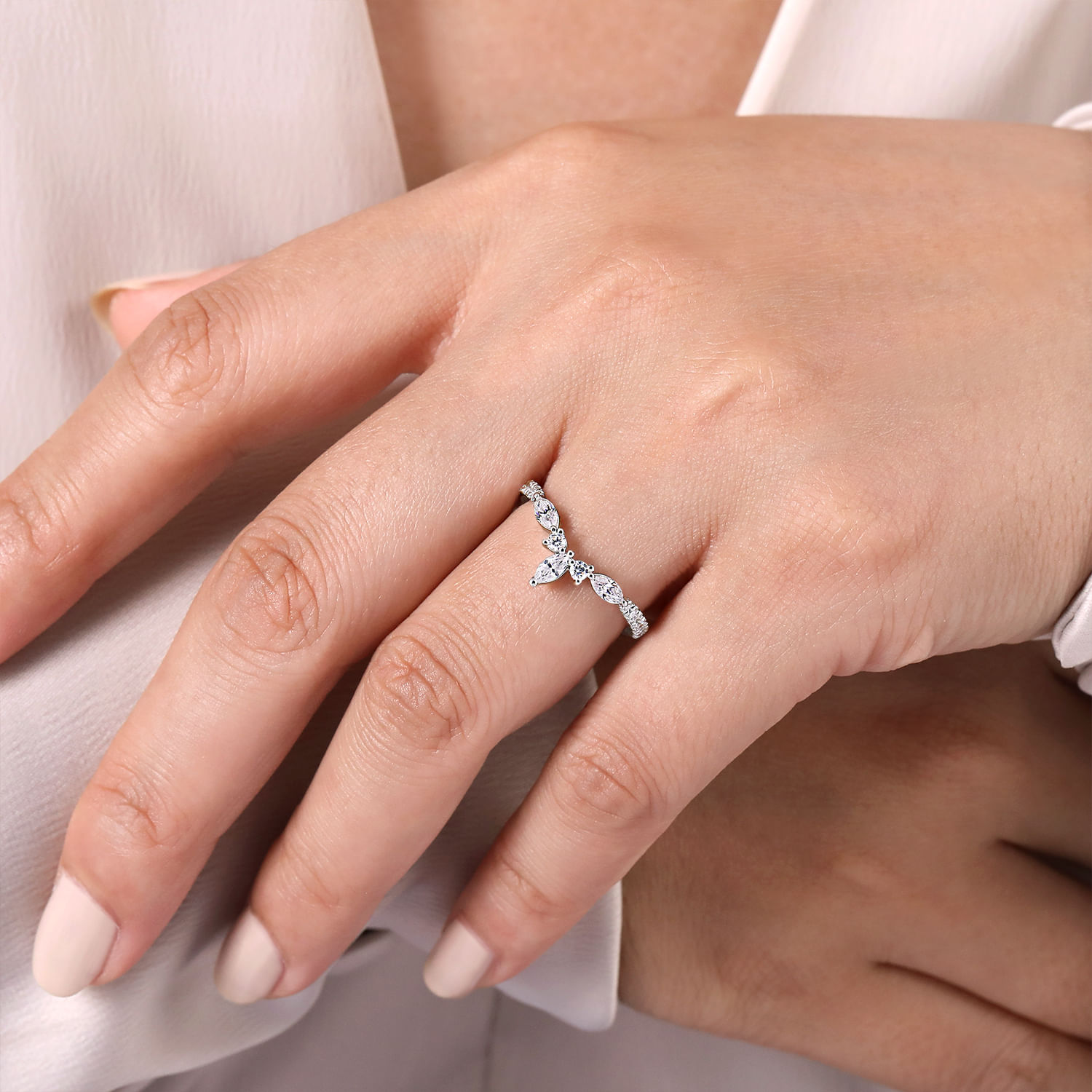 Tulsie - Curved 14K White Gold Marquise and Round Diamond Anniversary Band