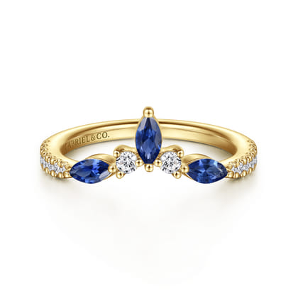 Tulsie - Curved 14K Yellow Gold Prong Set and French Pave Marquise Sapphire and Round Diamond Anniversary Band