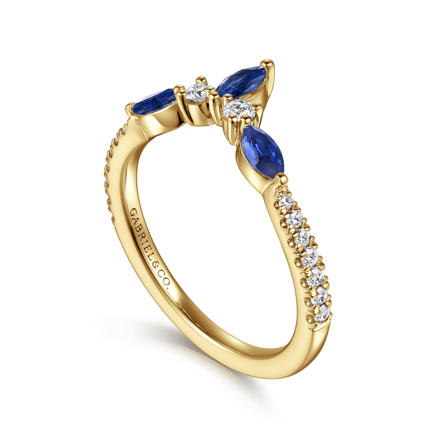 Tulsie - Curved 14K Yellow Gold Prong Set and French Pave Marquise Sapphire and Round Diamond Anniversary Band