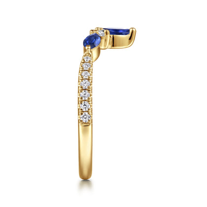 Tulsie - Curved 14K Yellow Gold Prong Set and French Pave Marquise Sapphire and Round Diamond Anniversary Band