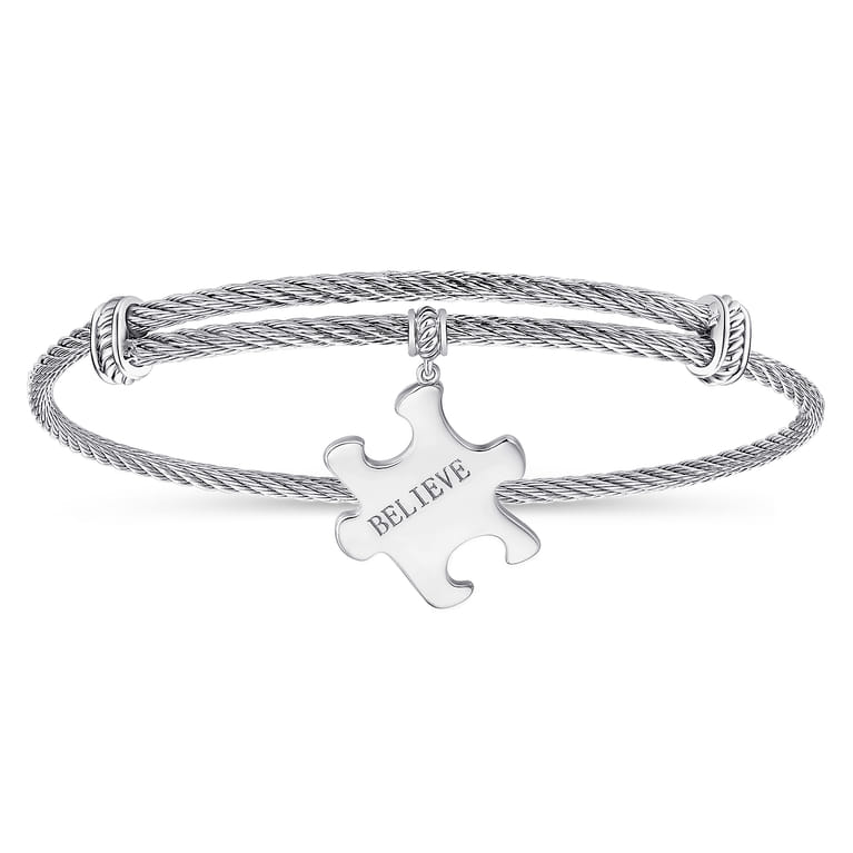 Twisted Cable Stainless Steel Bangle with Sterling Silver Believe Puzzle Piece Charm - Shot 1