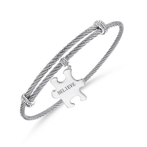 Twisted Cable Stainless Steel Bangle with Sterling Silver Believe Puzzle Piece Charm - Shot 2