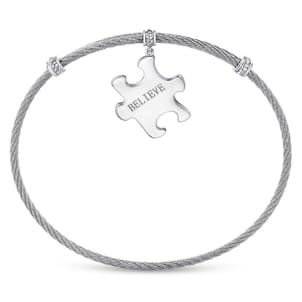 Twisted Cable Stainless Steel Bangle with Sterling Silver Believe Puzzle Piece Charm